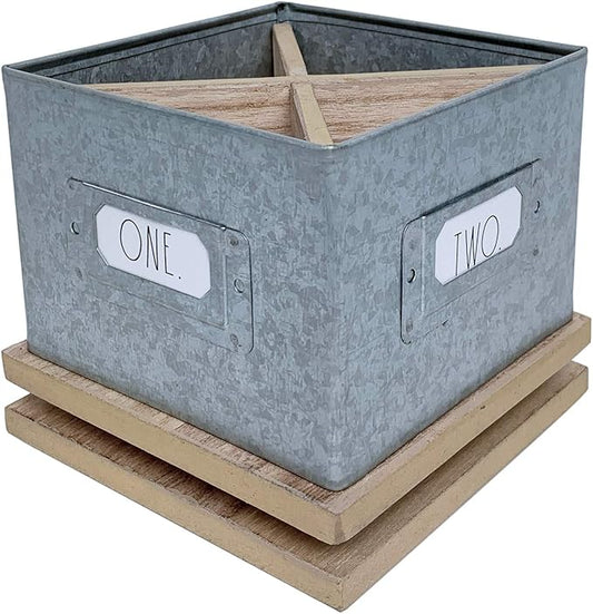 Rae Dunn Pencil Holder Cup - Spinning Metal Pen and Office Supplies 4 Compartment Desktop Organizer Caddy for Office Accessories - Great for Home, School, Classroom, Work - Square Design