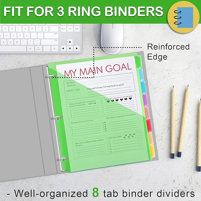 16 Count Binder Dividers with Pockets, 8 Tab Plastic Dividers for 3 Ring Binders School Office Document Indexing and Protection, Multicolor, 2 Sets