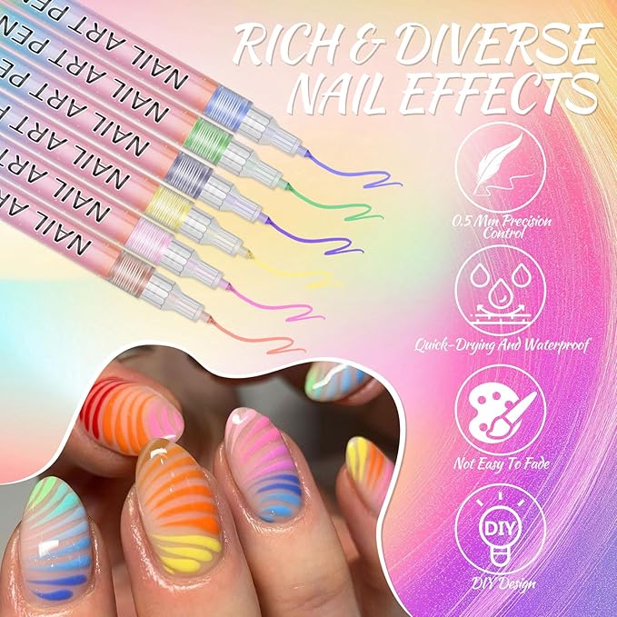 Nail Art Pen Set, 6 Colors, Water-Based Quick Dry Art Pens, 0.7mm Fine Point, Professional Manicure Drawing Tools for DIY Design