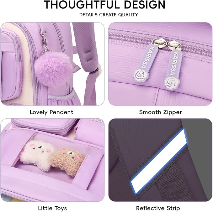 Girls Backpack with Lunch Box 3Pcs, Kawaii School Bag Set for Kid Elementary Middle School, Multi-Pocket Cute Laptop Bookbag Lightweight, Purple
