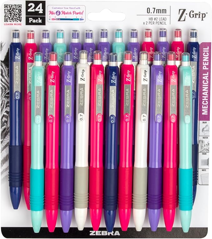 Zebra Pen, Z-Grip Mechanical Pencil, Smooth Writing, Latex-Free Grip, 0.7mm Lead, #2 HB, Pre-Loaded with Lead and Eraser, for School, Office, Everyday Use, Assorted Colors, 18-Pack, (50424)