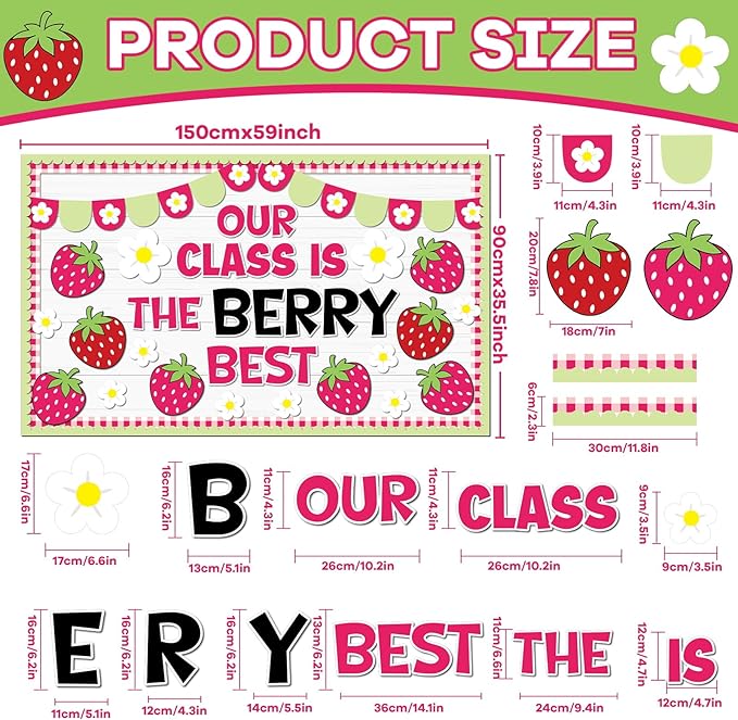 ZOIIWA Back to School Strawberry Bulletin Board Decorations Berry Flower Classroom Decor Bulletin Board Borders Pink Paper Cutouts Set for Teacher School Office Supplies Summer Spring Party Wall Decor