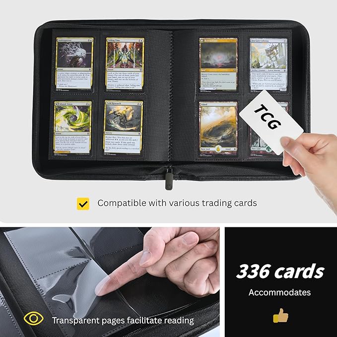 336 Card Binder, 4-Pocket Zipper Binder for Trading Cards, Side Loading Water-Resistant Album for MTG, TCG & Sports Cards (Yellow)