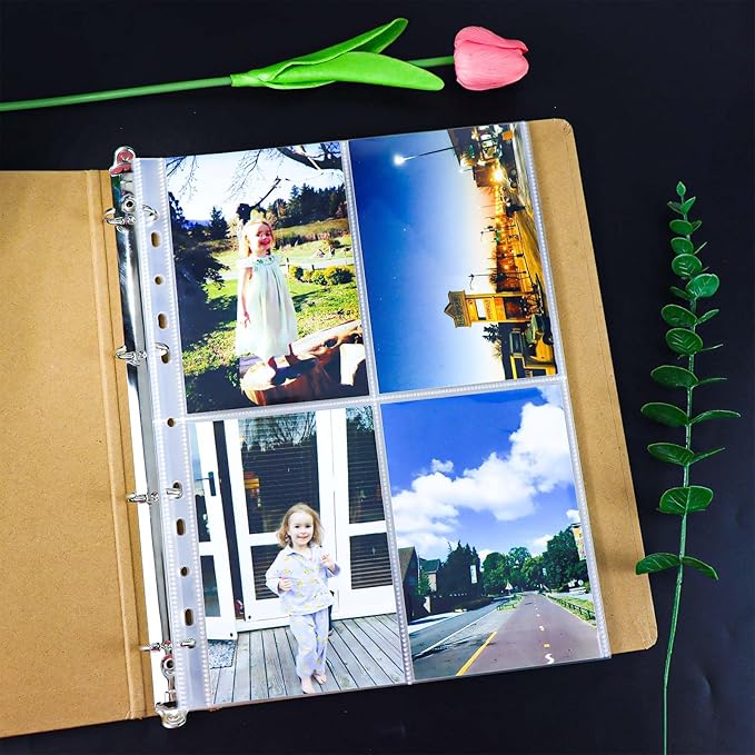 Mogoostry A4 Clear Sheet Protectors 4 Pocket Binder Sleeves 20 Sheets 11 Holes Top Open Photo Album Sleeves Photocard Collection Page Protector