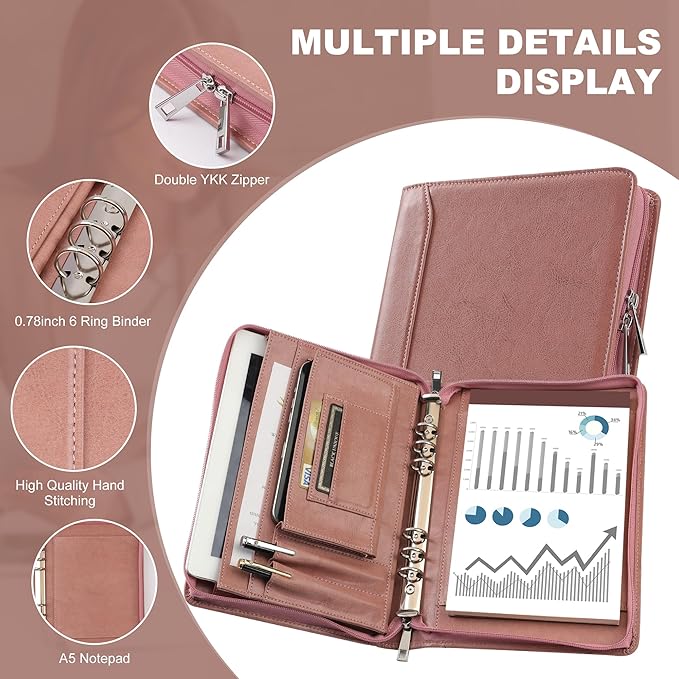 KISSKI A5 Planner Binder Padfolio for Women, Small 6 Ring Resume Folders for Interview, Vegan Leather Portfolio Organizer Folio with Zipper and 1pc A5 Notepad, Business Card/Pen Holder, Gifts, Pink