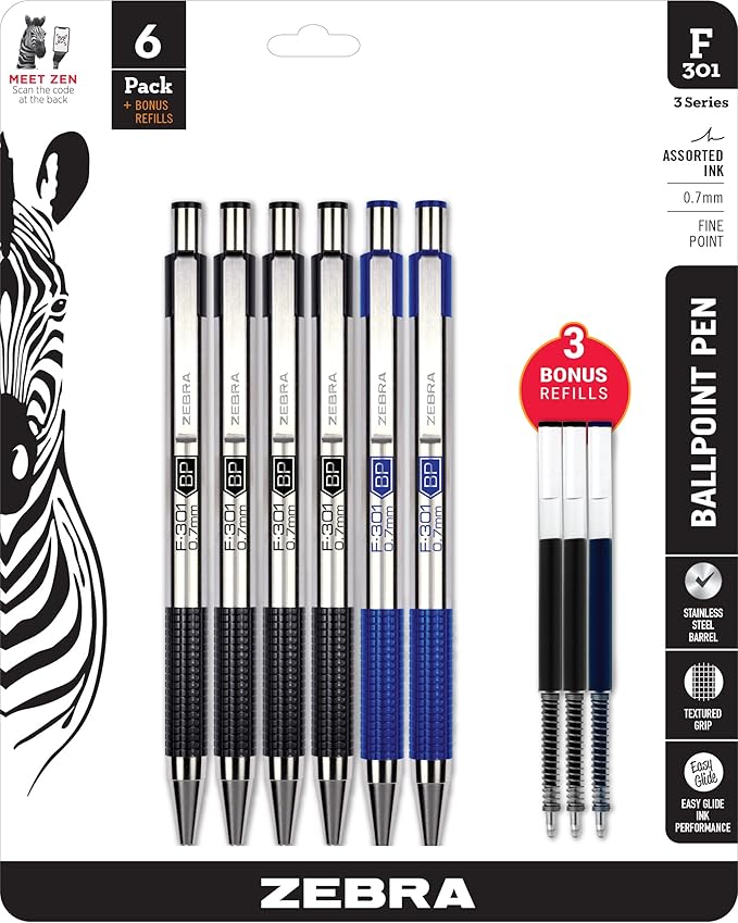 Zebra Pen F-301 Ballpoint Black and Blue Ink Fine Point 0.7mm Stainless Steel Retractable Pen, 6-Pack Plus 3 Refills – Easy-Glide Ink, Non-Slip Grip, Professional Design, Ideal for Office Use (27206)
