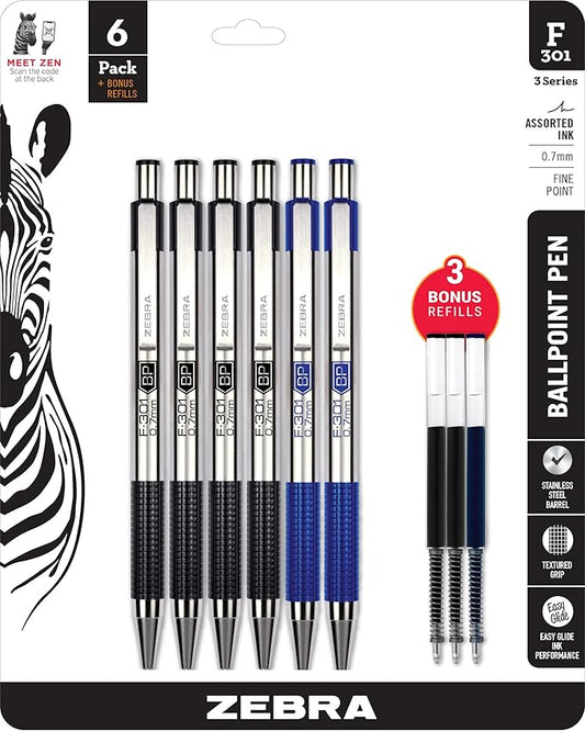 Zebra Pen F-301 Ballpoint Black and Blue Ink Fine Point 0.7mm Stainless Steel Retractable Pen, 6-Pack Plus 3 Refills – Easy-Glide Ink, Non-Slip Grip, Professional Design, Ideal for Office Use (27206)