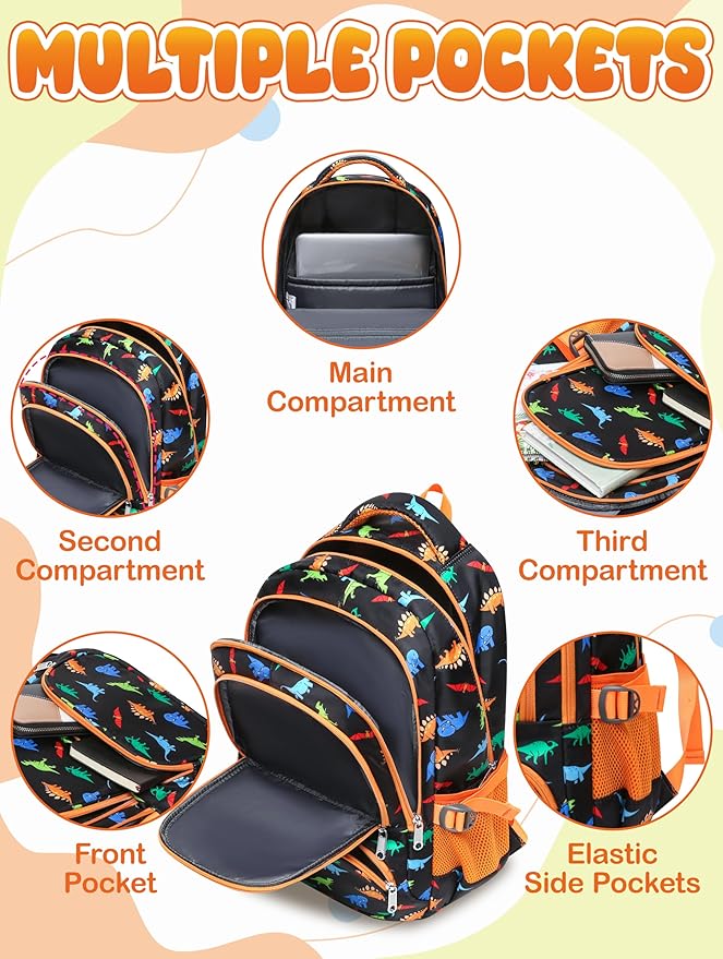 BLUEFAIRY Kids Backpack with Lunch Box for Girls Boys Elementary Primary Middle School Bag with Lunch Bag Set 17 Inch Bookbag Mochilas Escolares para Niñas Niños (Dinosaur, Orange)