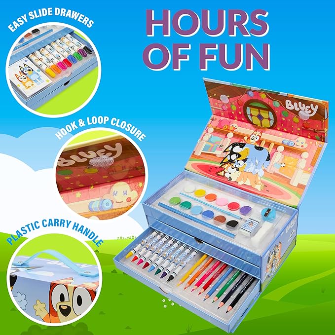 Bluey Colored Pencils Art Supplies for Boys Girls Drawing Kit Painting School Supplies Art Kit Travel Case Gifts for Kids (Blue 3 Tier)