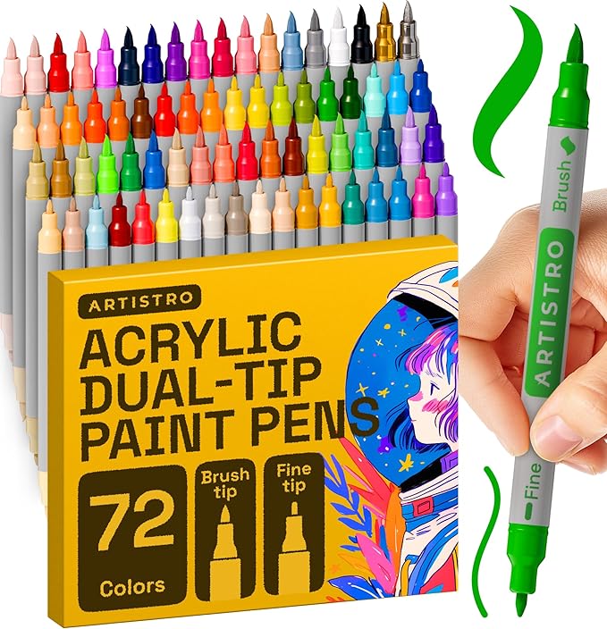 ARTISTRO 72 Acrylic Paint Markers - Paint Pens for Calligraphy, Brush + Fine Tips - For Fabric, Rock, Glass, Wood, DIY, Craft, Canvas - Art and Craft Supplies for Adults, Teens, Kids
