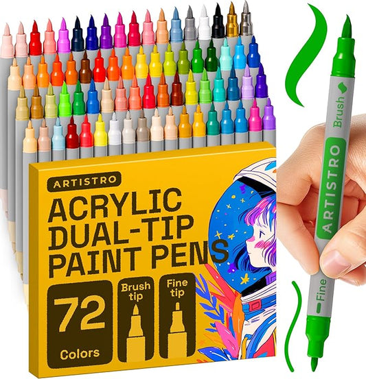 ARTISTRO 72 Acrylic Paint Markers - Paint Pens for Calligraphy, Brush + Fine Tips - For Fabric, Rock, Glass, Wood, DIY, Craft, Canvas - Art and Craft Supplies for Adults, Teens, Kids