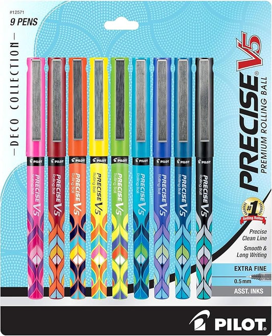 Pilot Precise V5 Capped Liquid Ink Rollerball Pens, Deco Collection, Extra Fine Point Ink Pens 0.5 mm, Colored Pens, Assorted Colors, Pack of 9 - Ideal for School, Journaling, & Office Writing