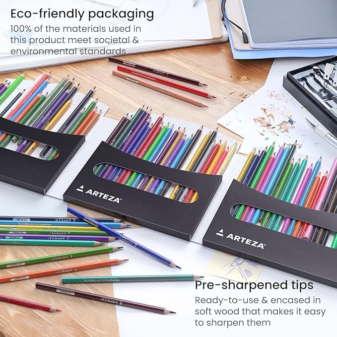ARTEZA 72 Watercolor Pencils, Water Color Pencils in Assorted Shades, Triangular Shape Drawing Pencils
