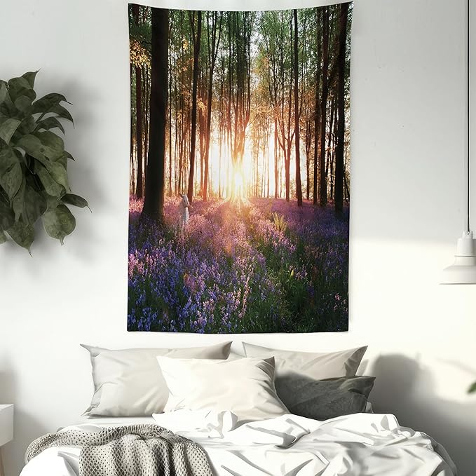 Ambesonne Forest Tapestry Queen Size, Bluebell Woods Sunrise with White Rabbit Sunny Spring Day in Woodland, Wall Hanging Bedspread Bed Cover Wall Decor, 88" X 88", Purple Green