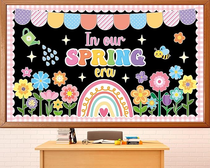 Spring Bulletin Board Decoration Set Floral Classroom Decoration Flowers Rainbow Bee Paper Cutouts in Our Spring Era Bulletin Board for School Office Home Nursery Chalkboard Wall Decor Party Supplies