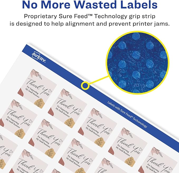 Avery Glossy White Square Labels, Sure Feed Technology, 1" x 1", 4,800 Glossy White Labels, Print-to-The-Edge, Permanent Adhesive, Laser/Inkjet Printable