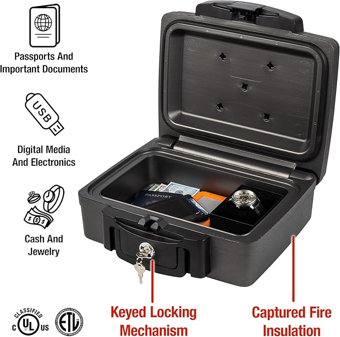 SentrySafe Fireproof and Waterproof Safe, Black Portable Lock Box with Key Lock and Carrying Handle for Money, Passport, Exterior: 14.3 in W x 13 in D x 6.1 in H, ‎H0100
