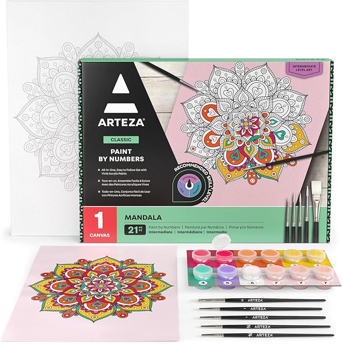 ARTEZA Paint by Number for Adults, 12x16 Inches, 21 Pieces, Mandala Paint by Numbers Kit, Comes with 1 Canvas Panel, 12 Acrylic Paint Pots, 5 Paintbrushes, Art Supplies for Home & Office Wall Decor