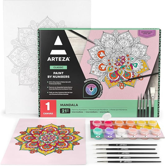 ARTEZA Paint by Number for Adults, 12x16 Inches, 21 Pieces, Mandala Paint by Numbers Kit, Comes with 1 Canvas Panel, 12 Acrylic Paint Pots, 5 Paintbrushes, Art Supplies for Home & Office Wall Decor