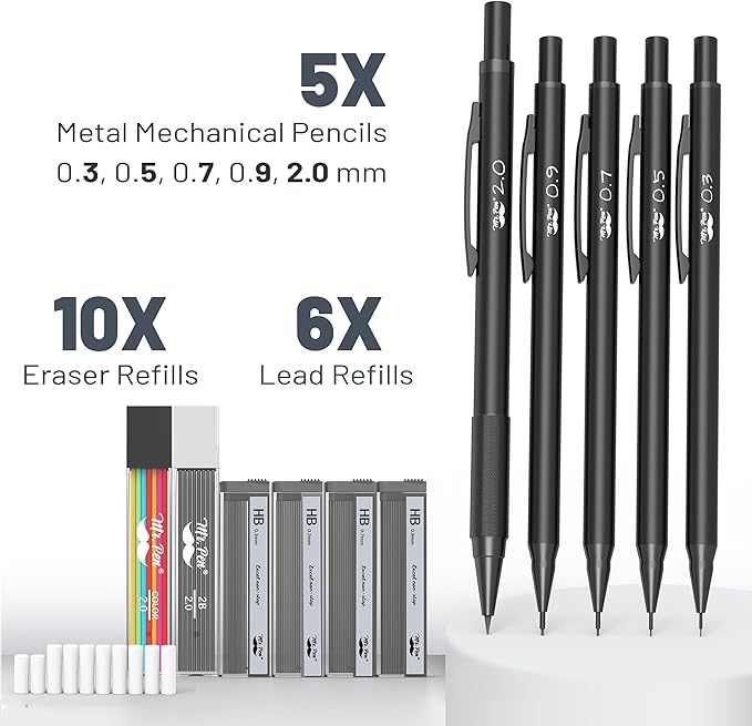 Mr. Pen- Metal Mechanical Pencil Set with Lead and Eraser Refills, 5 Sizes, Black, 0.3, 0.5, 0.7, 0.9, 2mm, Drawing Mechanical Pencils, Mechanical Pencil Metal, Drawing Pencils Mechanical (Pack of 2)