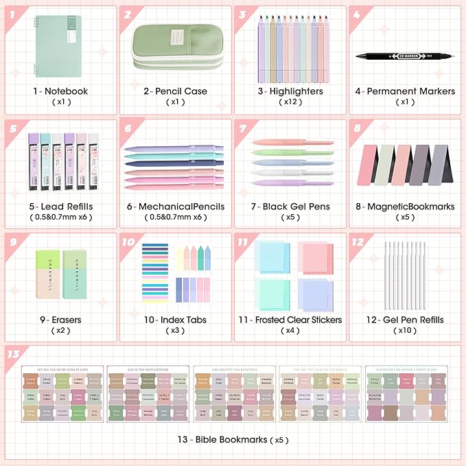 61 PCS Aesthetic School Supplies with Pen Case,12 Pastel Highlighters,5 Black Ink Gel Pens, 6 Mechanical Pencils 0.5 & 0.7mm,Sticky Note Index Tab and So on for Students Stationary College Essentials