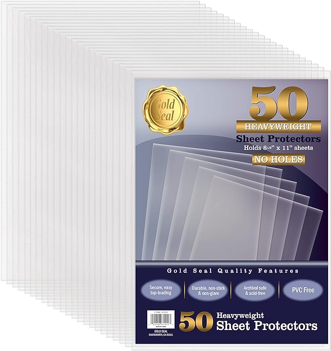 GOLD SEAL No Holes Sheet Protectors, Bulk Pack, Letter Size (8.5 x 11 Inch), Heavyweight Clear View Sheet Protectors, Top Loading, Document Protectors, Artwork Protectors,(50 Pack)