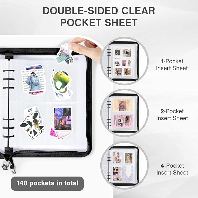 Ospelelf Reusable Sticker Book Stickers Organizer Storage, Zippered A5 Binder Collecting Album, Includes Storage Pockets, Release Paper, Essential for Scrapbook Planner Enthusiasts, Black