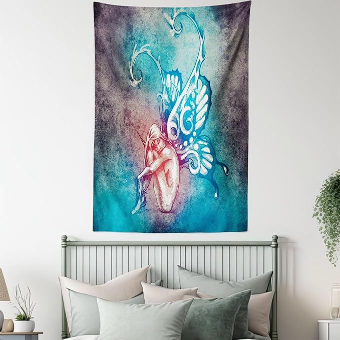 Ambesonne Butterfly Tapestry, with Butterfly Wings Renewal Female Rebirth Psyche Lightness of Being, Wall Hanging for Bedroom Living Room Dorm Decor, 40" X 60", Blue Purple