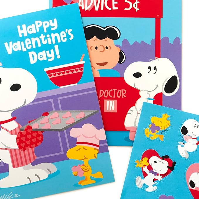 Hallmark Peanuts Valentines Day Cards and Stickers for Kids School, Snoopy and Lucy (24 Classroom Valentines with Envelopes)