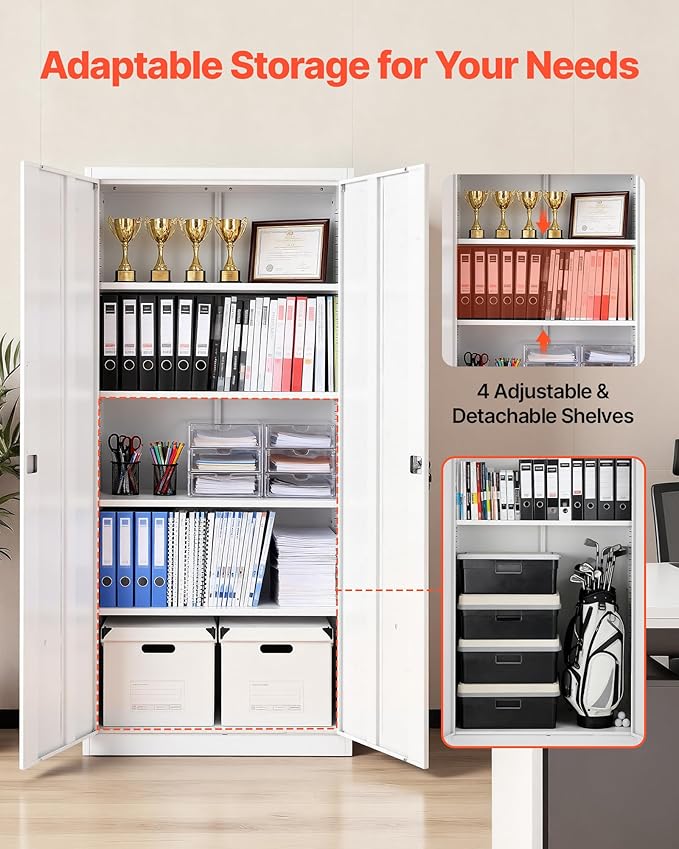 VEVOR Metal Storage Cabinet, Lockable Steel Garage Cabinet with Adjustable Shelves, 2 Magnetic Doors, 2 Keys, 5-Tiers Tool Storage Locker for Home,Office,School,Pantry,Warehouse,Basement,Laundry,White