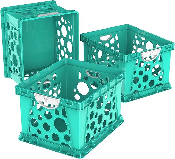 Storex Premium File Crate with Molded Handles – Letter and Legal Document and Folder Storage, Teal, 3-Pack (61694F03C)