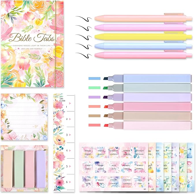 Bible Study Supplies Journaling Kit for Women, Bible Study Kit with 11 No Bleed Highlighters and Pens, 1 Sticky Notes of 30 Pages, 1 Index Stickers of 4 Colors, 105 Tabs for Christian Gifts