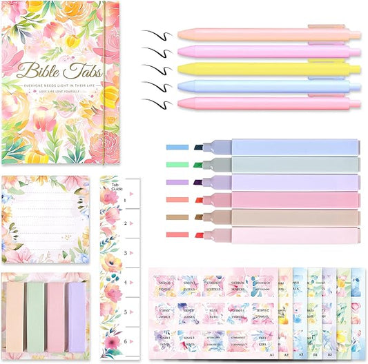 Bible Study Supplies Journaling Kit for Women, Bible Study Kit with 11 No Bleed Highlighters and Pens, 1 Sticky Notes of 30 Pages, 1 Index Stickers of 4 Colors, 105 Tabs for Christian Gifts