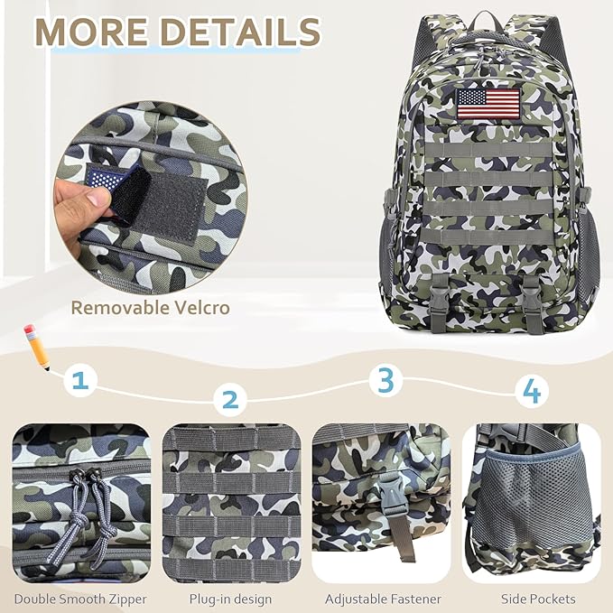 Camo Backpack for Boys 3 in 1 Set, 19 Inch 55L Tactical Bookbag with Lunch Box Pencil Case, Molle System School Backpack for Elementary Middle High School, Outdoor Camping Hiking Travel for Kids Teens