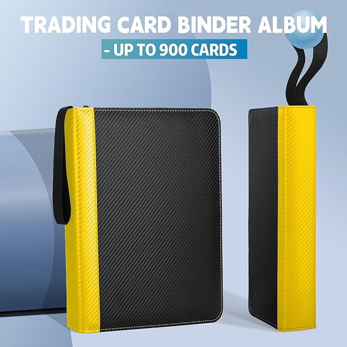9 Pockets Trading Card Binder with Sleeves Card Organizer, 900 Double Sided Pocket PU Card Collection Binder, Baseball Binder,for Sports Card, MTG, TCG Yugioh Card (Yellow)