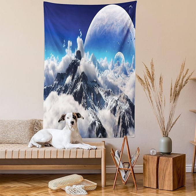 Ambesonne Fantasy Tapestry Twin Size, Celestial View of Snow Capped Mountains and Alien Planet Print, Wall Hanging Bedspread Bed Cover Wall Decor, 68" X 88", White and Navy Blue