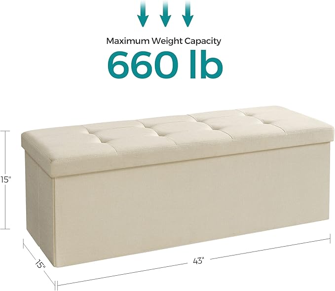 SONGMICS 43 Inches Folding Storage Ottoman Bench, Set of 2, Storage Chest, Foot Rest Stool, Bedroom Bench with Storage, Beige, ULSF429W02