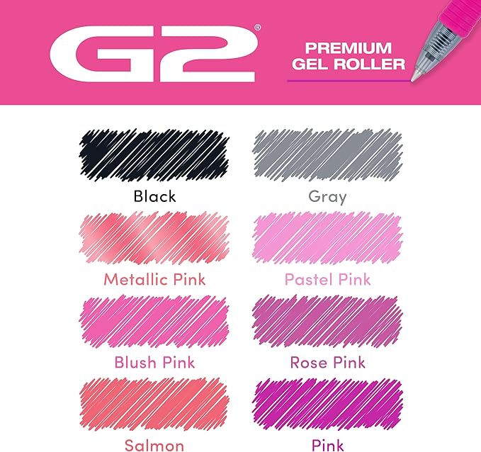 Pilot G2 Premium Gel Roller Pens, Fine Point Gel Pens, Boost Pink Pack, The Colors of Optimism, 8-Pack Pouch, 0.7 mm, Assorted - Ideal for School, Journaling, & Office Writing