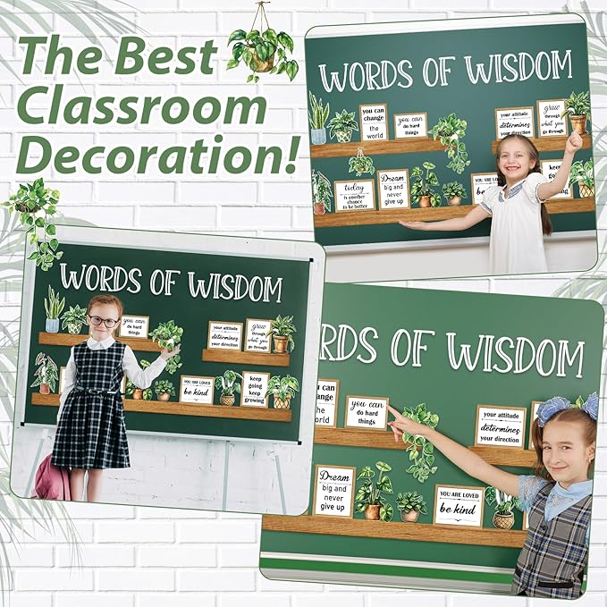 Greenery Bookshelf Bulletin Board Set Plant Motivational Classroom Decor Inspirational Quote Frame Potted Plant Cutout for Back to School Spring Party Home Office Reading Library Chalkboard Wall Decor
