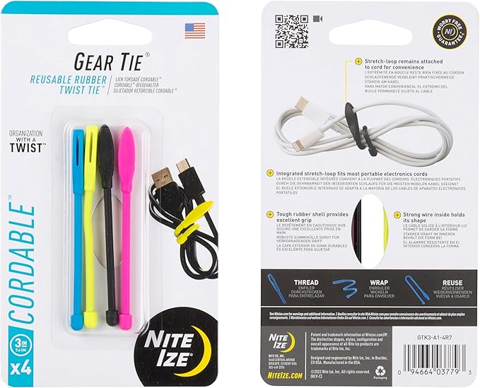 Nite Ize Gear Tie Cordable Twist Tie - Flexible Ties for Cord Management - Reusable Rubber Twist Ties for Wires - Waterproof & UV Resistant - Assorted Colors - 3-inch, 16 Count (4 Pack)