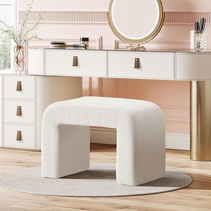 Tribesigns Foot Stool for Couch, Modern Boucle Vanity Stool Chair, Large Faux Sherpa Ottoman Foot Rest, Arched Shoe Bench or Entryway, Upholstered Extra Seating for Living Room, Fully Assembled, White