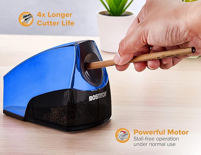 Bostitch Office Electric Pencil Sharpener, Heavy Duty Powerful Stall-Free Motor, High Capacity Shavings Tray, for Office or Classroom, Blue Chrome Metallic