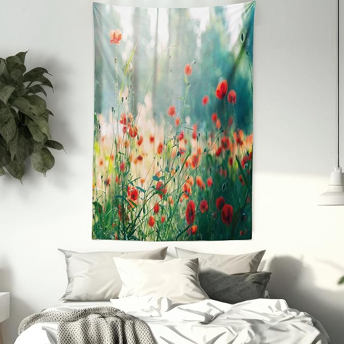 Ambesonne Nature Tapestry, Wild Red Poppy Flowers Field Summertime Sunbeams Gardening Bedding Plants, Fabric Wall Hanging Decor for Bedroom Living Room Dorm, 23" X 28", Red Green Yellow