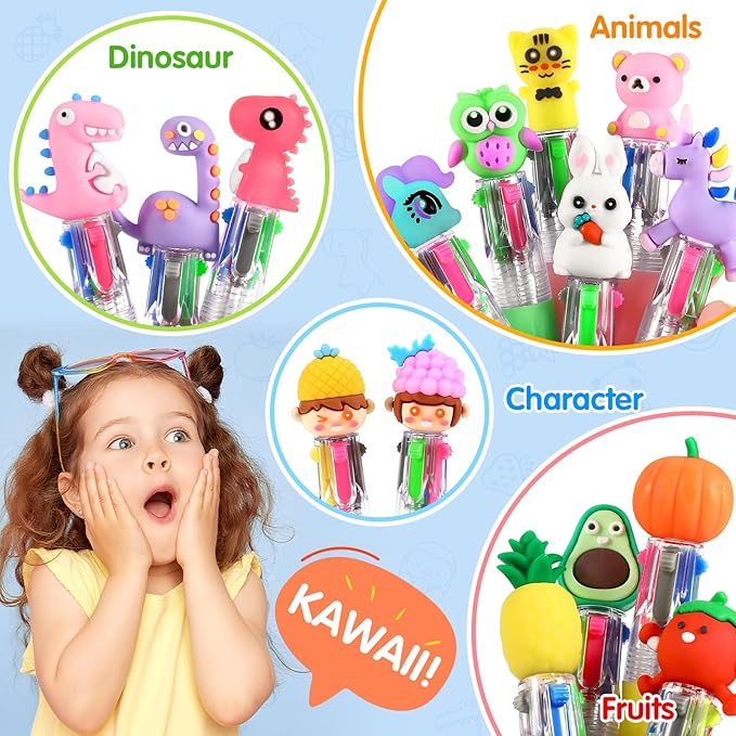 arscniek 60Pcs Multicolor Pen in One, 4-in-1 0.5mm Fine Point Cute Pens, Fun Kawaii Ballpoint Pen for Children's Party Favors, Classroom Prizes, Teacher School Supplies, Bulk Gifts for Students
