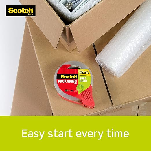 Scotch Sure Start Shipping Packaging Tape, 1.88" x 38.2 yd, Designed for Packing, Shipping and Mailing, Quiet Unwind, No Splitting or Tearing, 1.5" Core, Clear, 1 Dispensered Roll (Pack of 2)