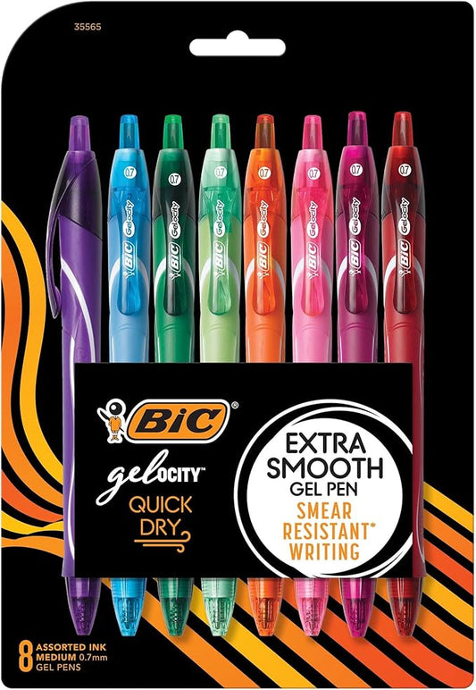 BIC Gelocity Quick Dry Gel Pens with Comfortable Full Grip and Smear-Resistant Ink, 8-Count in Assorted Colors
