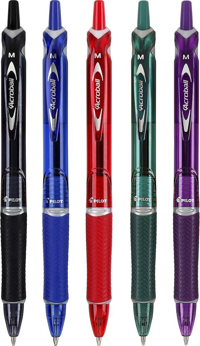 PILOT Acroball Colors Advanced Ink Refillable & Retractable Ball Point Pens, Medium Point, Black/Blue/Red/Green/Purple Inks, 5-Pack (31820)