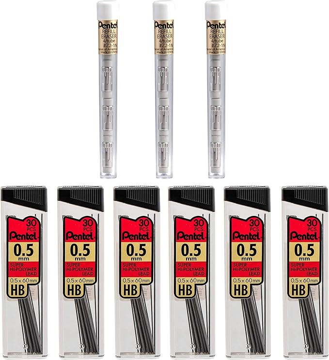 Pentel Super Hi-Polymer HB 0.5 mm Lead Refill Pack - 6 Packs of 30 Leads & 3 Packs of 4 Latex-Free White Erasers - Mechanical Pencil Refills