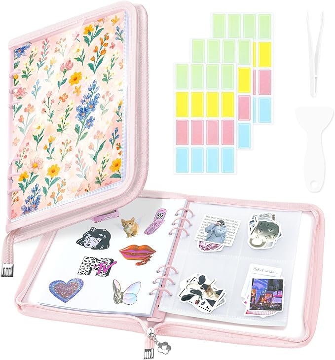Ospelelf Reusable Sticker Book Organizer Mini Zippered 6 Ring Binder for Collecting, Includes Transparent Pockets, Release Paper, Essential for Scrapbook Planner Enthusiasts, Pink