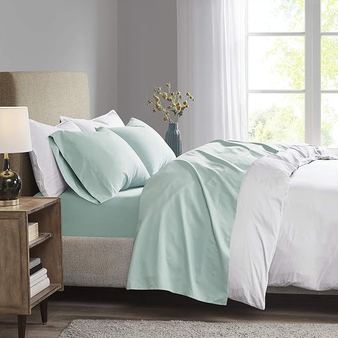 Madison Park 3M Microcell Bed Sheet Set Color Fast, Wrinkle and Stain Resistant, Soft Sheets with 16" Deep Pocket All Season, Cozy Bedding-Set, Matching Pillow Case, Full, Seafoam, 4 Piece